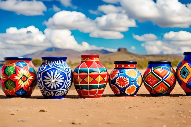 Photo un groupe de vases colorés avec une montagne en arrière-plan.