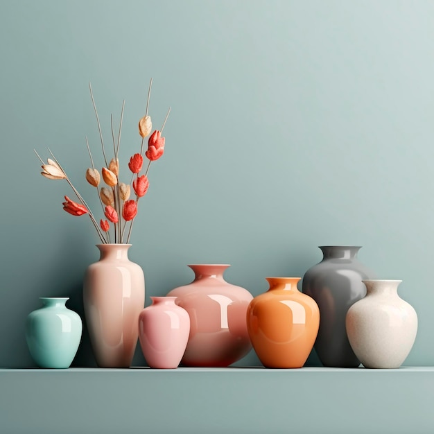 Un groupe de vases avec une fleur sur une étagère.
