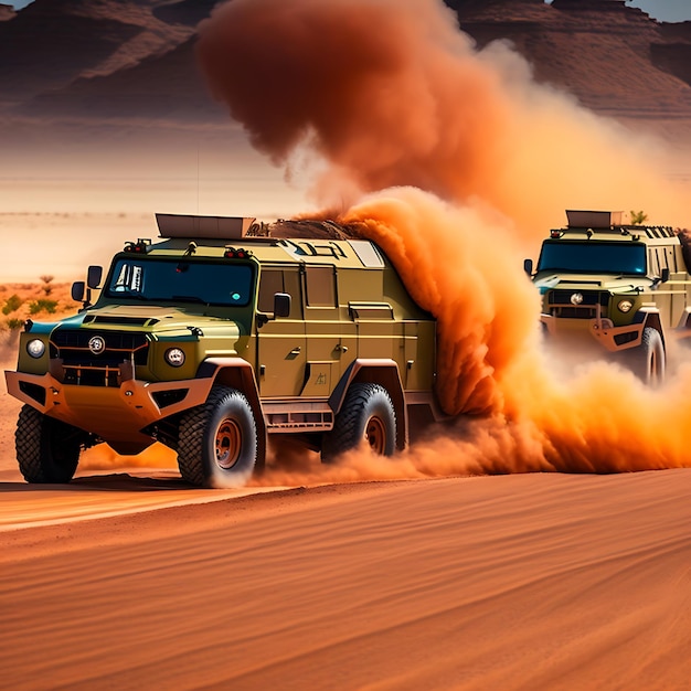 Un groupe de véhicules militaires roule sur une route poussiéreuse