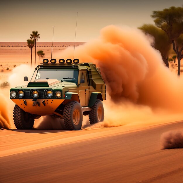 Un groupe de véhicules militaires roule sur une route poussiéreuse