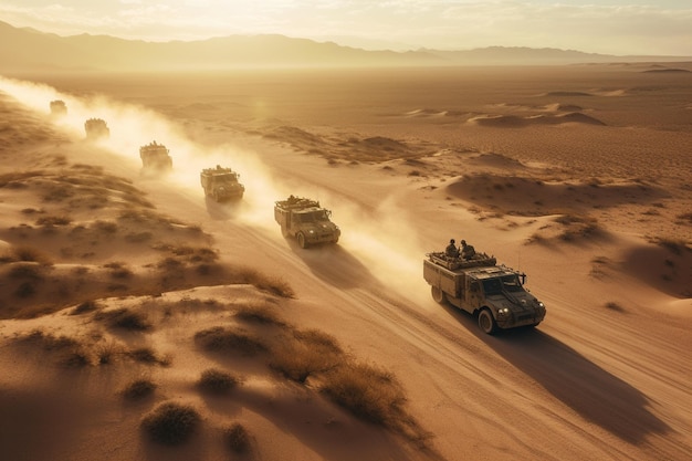 Un groupe de véhicules militaires traversent le désert.
