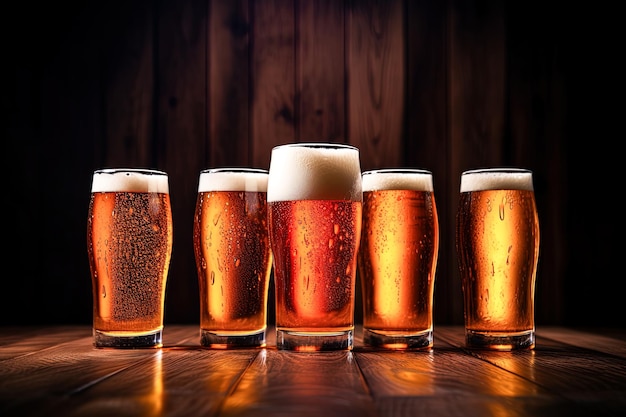 Photo groupe de verres de bière froide sur fond sombre de table en bois et espace vide