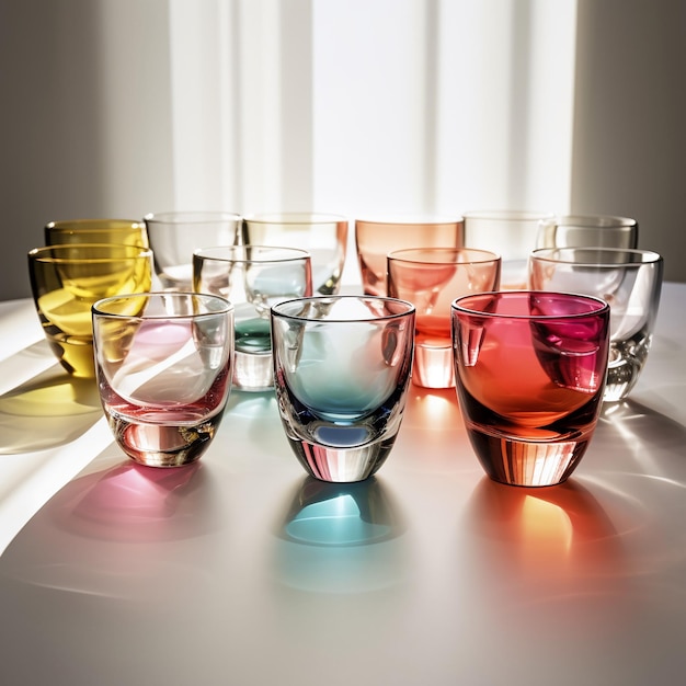 Un groupe de verres de différentes couleurs est posé sur une table.