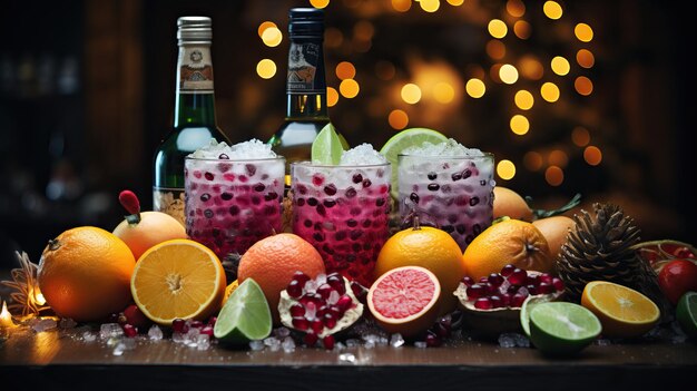 un groupe de verres avec de la glace et des fruits sur une table