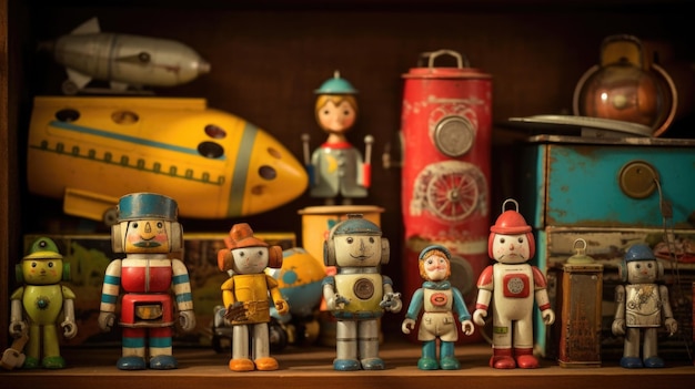 Un groupe de vieux jouets en fer sur une étagère poussiéreuse, chacun portant sa propre histoire et son lien avec le passé.