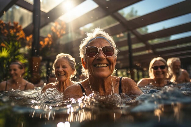 Un groupe de vieux seniors faisant des exercices dans une piscine