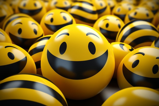 un groupe de visages souriants jaunes avec des rayures noires et jaunes