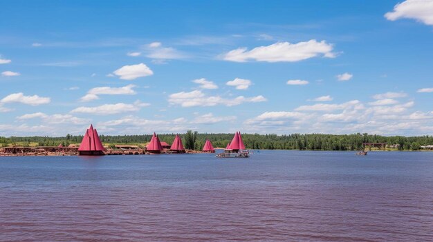 Photo un groupe de voiliers rouges sont sur un lac avec un ciel bleu avec des nuages