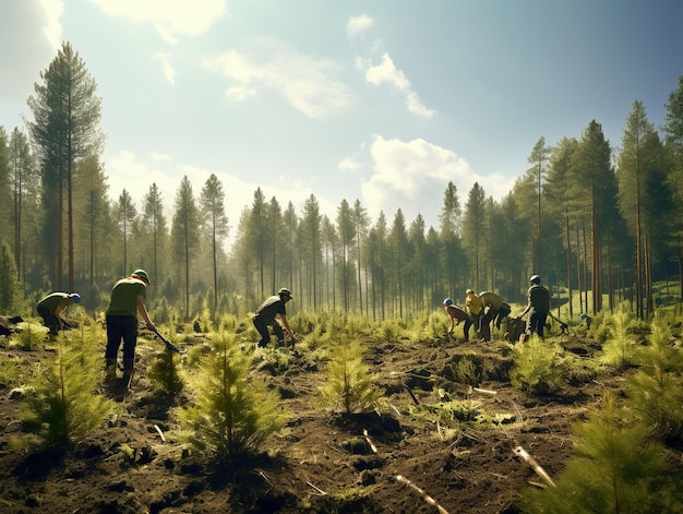 Groupe de volontaires plantant des pins dans la forêt