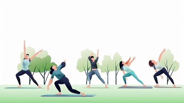 Groupe de yoga féminin dans le parc personnages féminins dans le sport