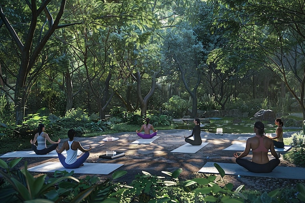 Groupe de yoga en plein air innovant pratiquant le yoga dans la nature