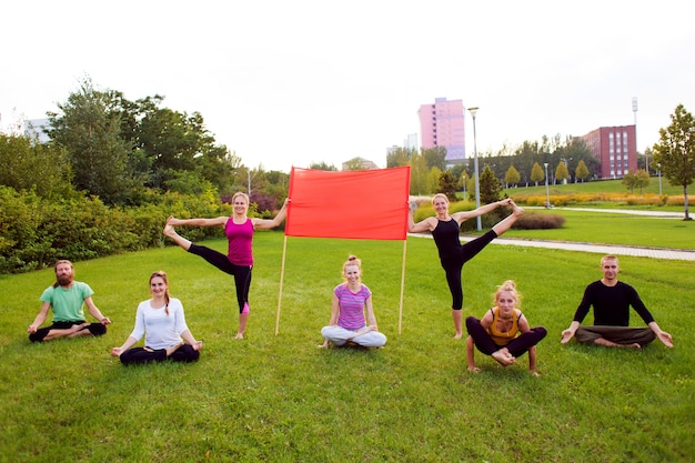 Groupe de yogis dans la nature avec un drapeau