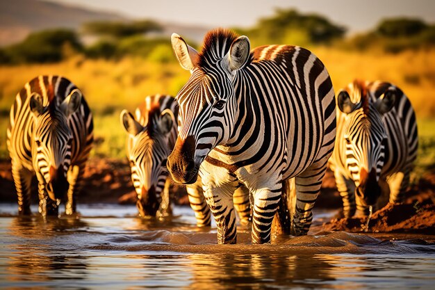 Photo un groupe de zèbres boivent dans une rivière