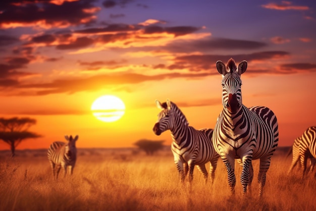 Photo un groupe de zèbres dans la savane africaine au coucher du soleil