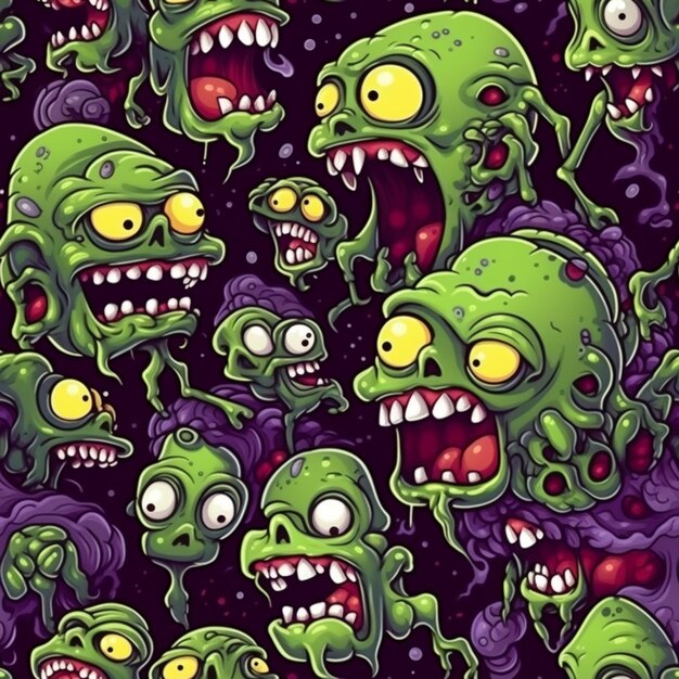 un groupe de zombies de dessins animés avec la bouche ouverte et la bouche grande ouverte IA générative