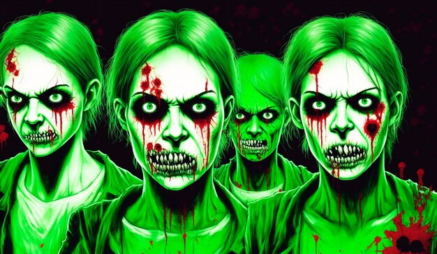 Groupe de zombies effrayants avec du sang sur le visage debout dans une pièce sombre