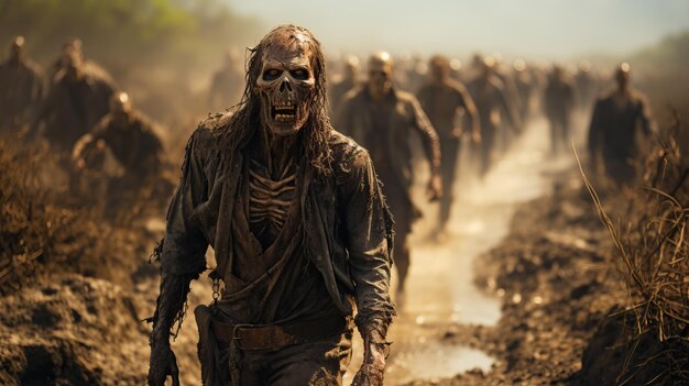 Un groupe de zombies marchant dans la boue