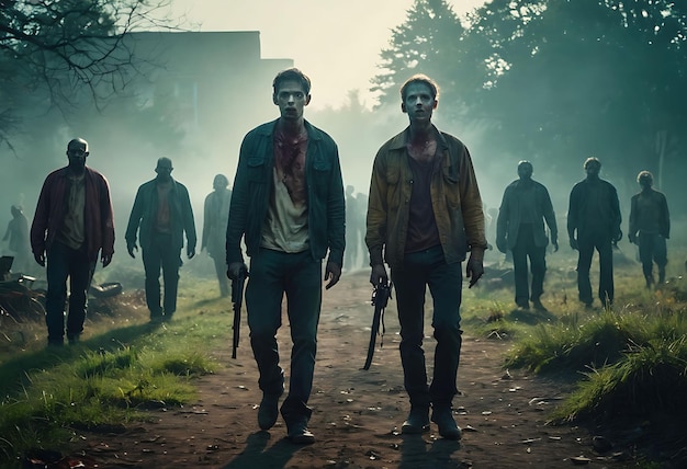 Photo un groupe de zombies marchant sur une route de terre avec un qui tient une arme à feu