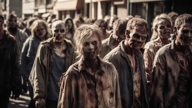 Un groupe de zombies marche dans une rue.