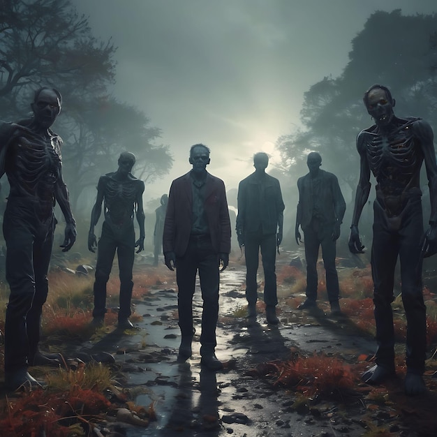 Photo un groupe de zombies se tiennent dans un champ avec des arbres en arrière-plan