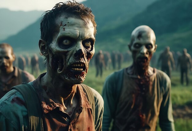 Photo un groupe de zombies se tiennent dans un champ avec l'un d'eux a un crâne mort sur le devant