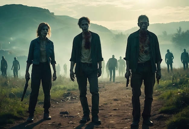 Photo un groupe de zombies se tiennent dans un champ avec le mot zombie sur le côté