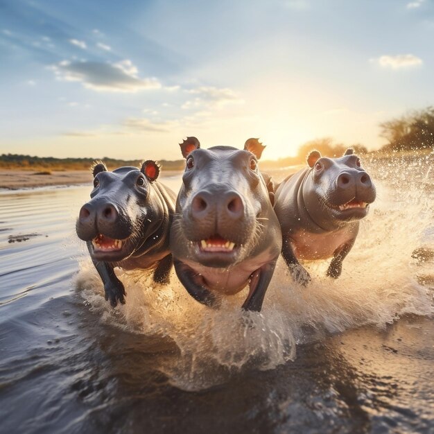 Photo groupes d'hippopotames mignons et drôles qui courent et jouent sur la plage en automne.