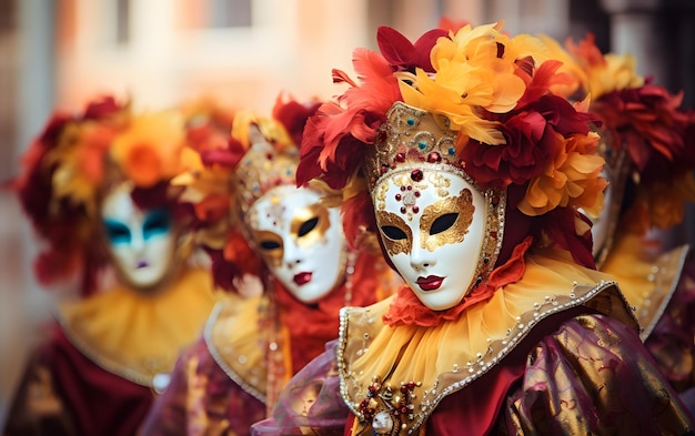 groupes de personnes en costumes masques de carnaval colorés