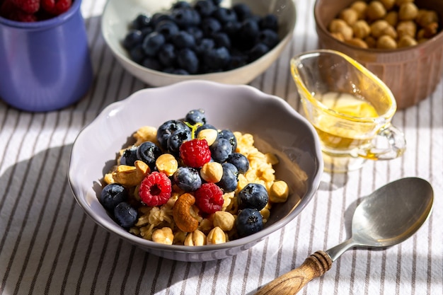 Gruau aux baies et au miel pour le petit déjeuner Gruau au lait de coco et aux baies Saine et tendance