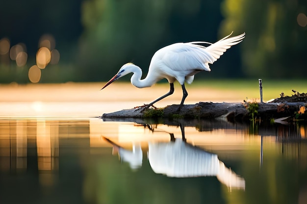 Une grue blanche se dresse sur un rocher dans l'eau.