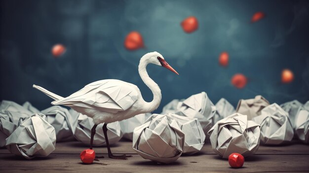 Une grue blanche se tient parmi des boules de papier et une pile de papier