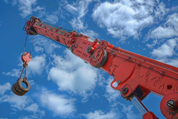 La grue de camion rouge avec des crochets et un poids d'échelle au-dessus de la grue bleue du ciel