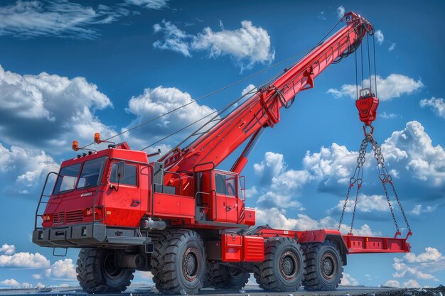 La grue de camion rouge avec des crochets et un poids d'échelle au-dessus de la grue bleue du ciel