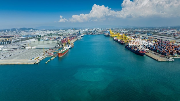 Photo grue chargeant un conteneur de fret sur un navire maritime de conteneurs dans le terminal international de dépôt de conteneurs concept de port de triage expédition de fret par bateau au lever du soleil