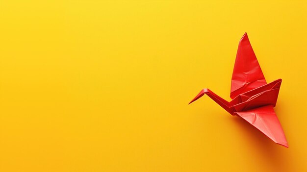 Une grue origami rouge sur un fond jaune un art de pliage de papier complexe