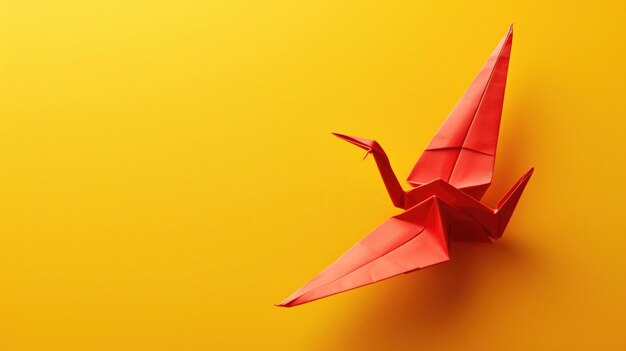 Une grue origami rouge sur un fond jaune vibrant