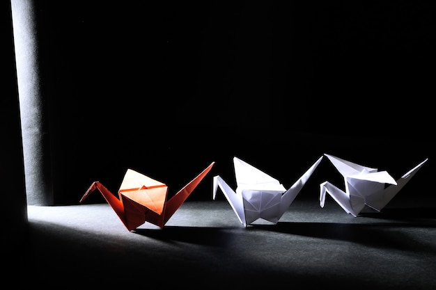 Grues D'origami Sur L'obscurité Avec La Lumière