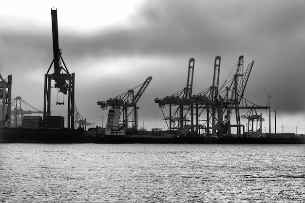 Photo des grues sur le quai commercial contre le ciel