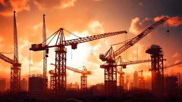 des grues se détachent sur un ciel coucher de soleil sur un chantier de construction Generative AI