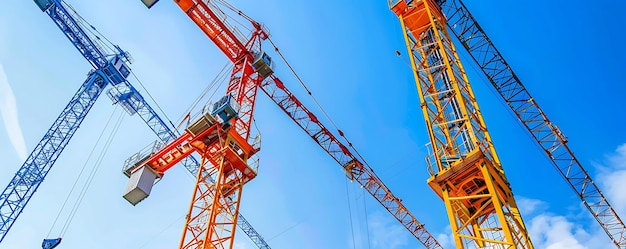 Photo les grues sont représentées dans un ciel bleu avec un fond de ciel bleu