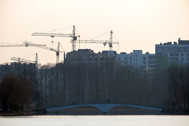 grues à tour et hauts immeubles résidentiels en construction au bord du lac.