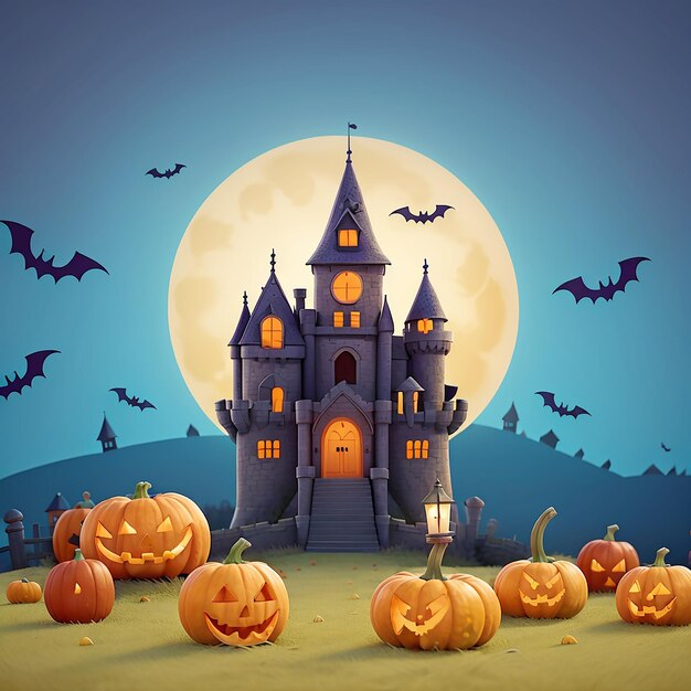 Grunge coloré joyeux Halloween fond bleu avec des citrouilles et un château effrayant concept