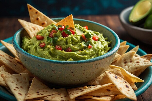 Guacamole Dip servi avec des chips Pita pour les légumes