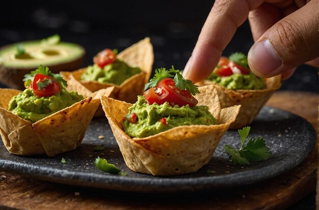 Le guacamole est servi dans des tasses de tortilla croustillantes pour