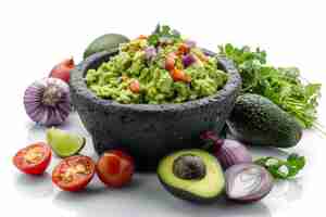 Photo guacamole frais dans le molcajete mexicain traditionnel