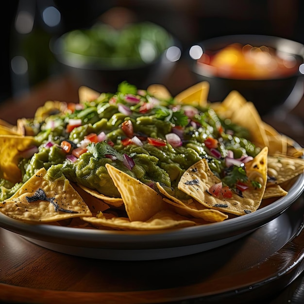 Guacamole avec des frites servi sur une table en bois dans une esthétique vert foncé et teal