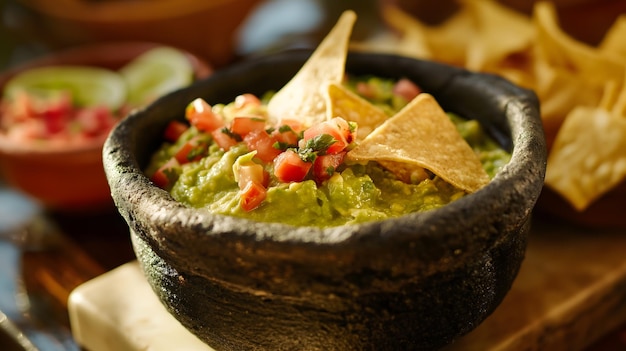 Guacamole mexicain traditionnel dans un Molcajete avec des chips de tortilla