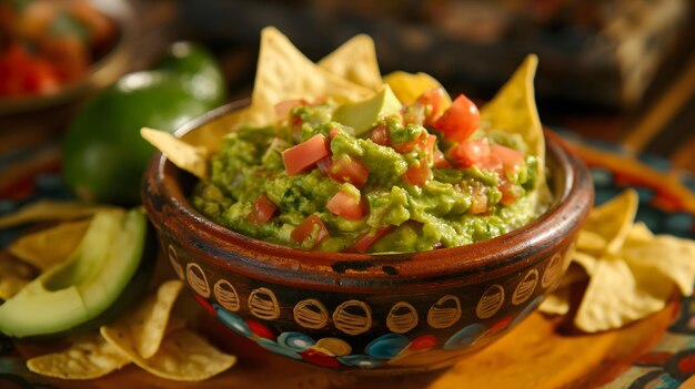 Photo guacamole mexicain traditionnel dans un molcajete avec des chips de tortilla