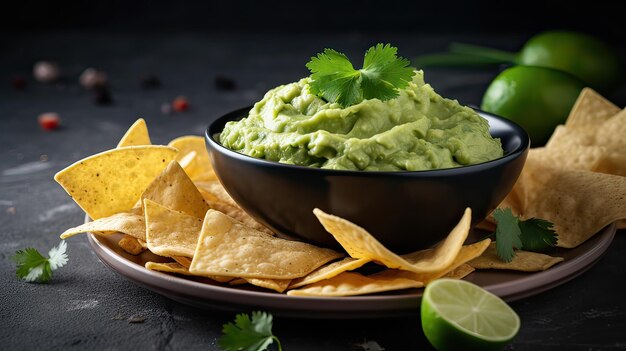 Guacamole à la sauce à l'avocat avec des nachos au maïs tortilla