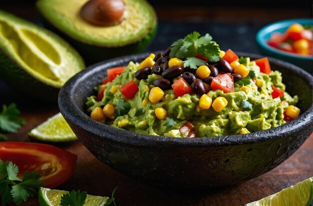 Photo guacamole servi avec un bol de haricots noirs et co.